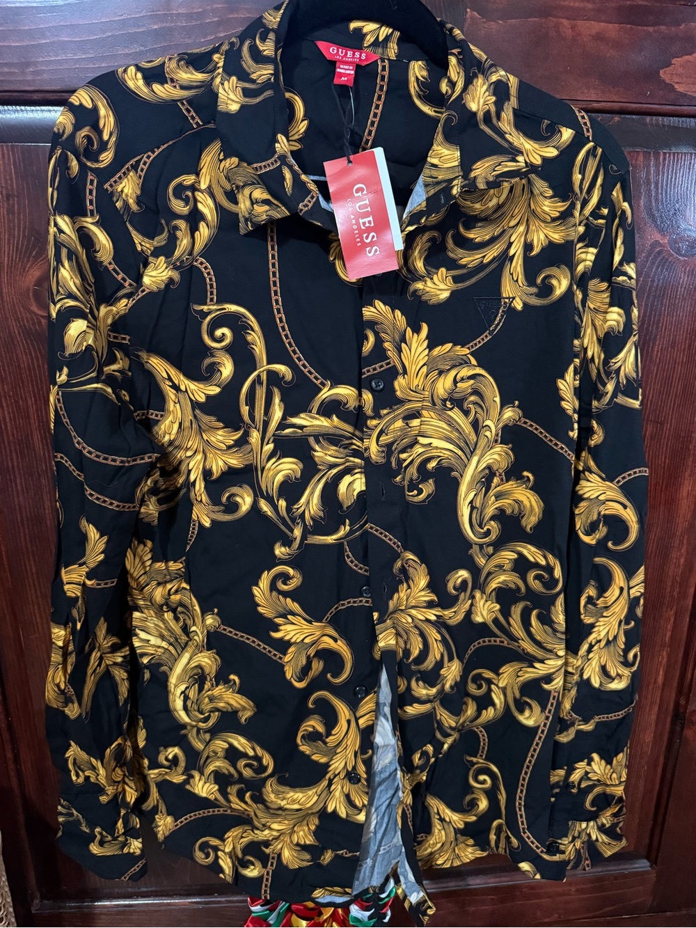 GUESS Black Shirt with Gold Baroque Chain Print